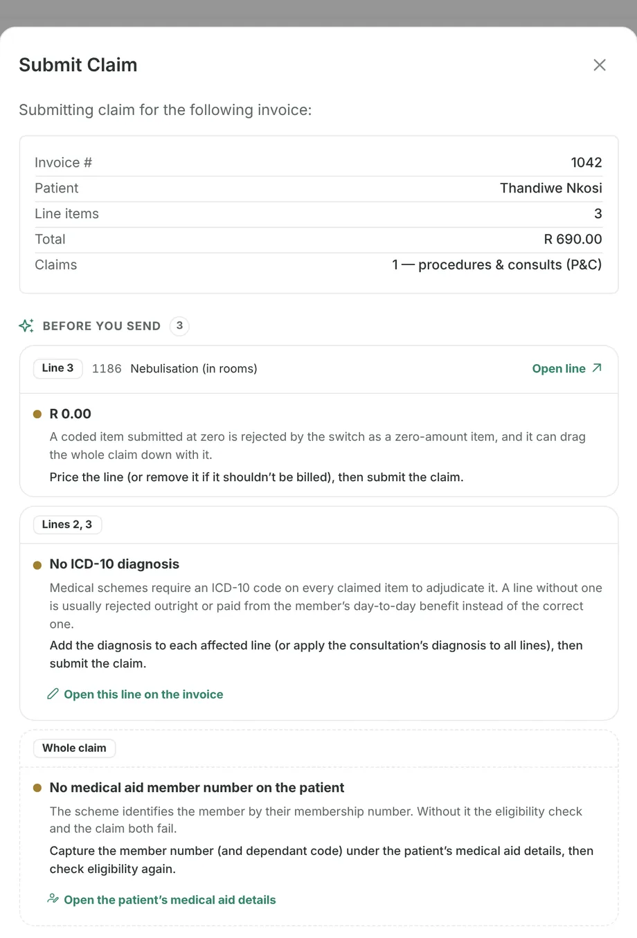 The Submit Claim dialog with three problems to fix before sending, each linked to where it is fixed.