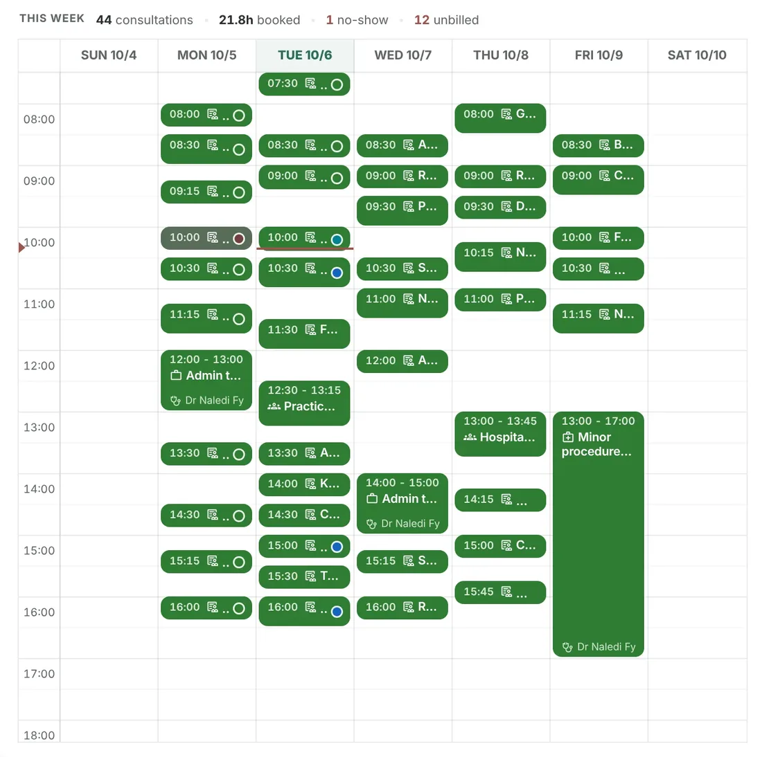 The GreenNotes practice calendar, week view