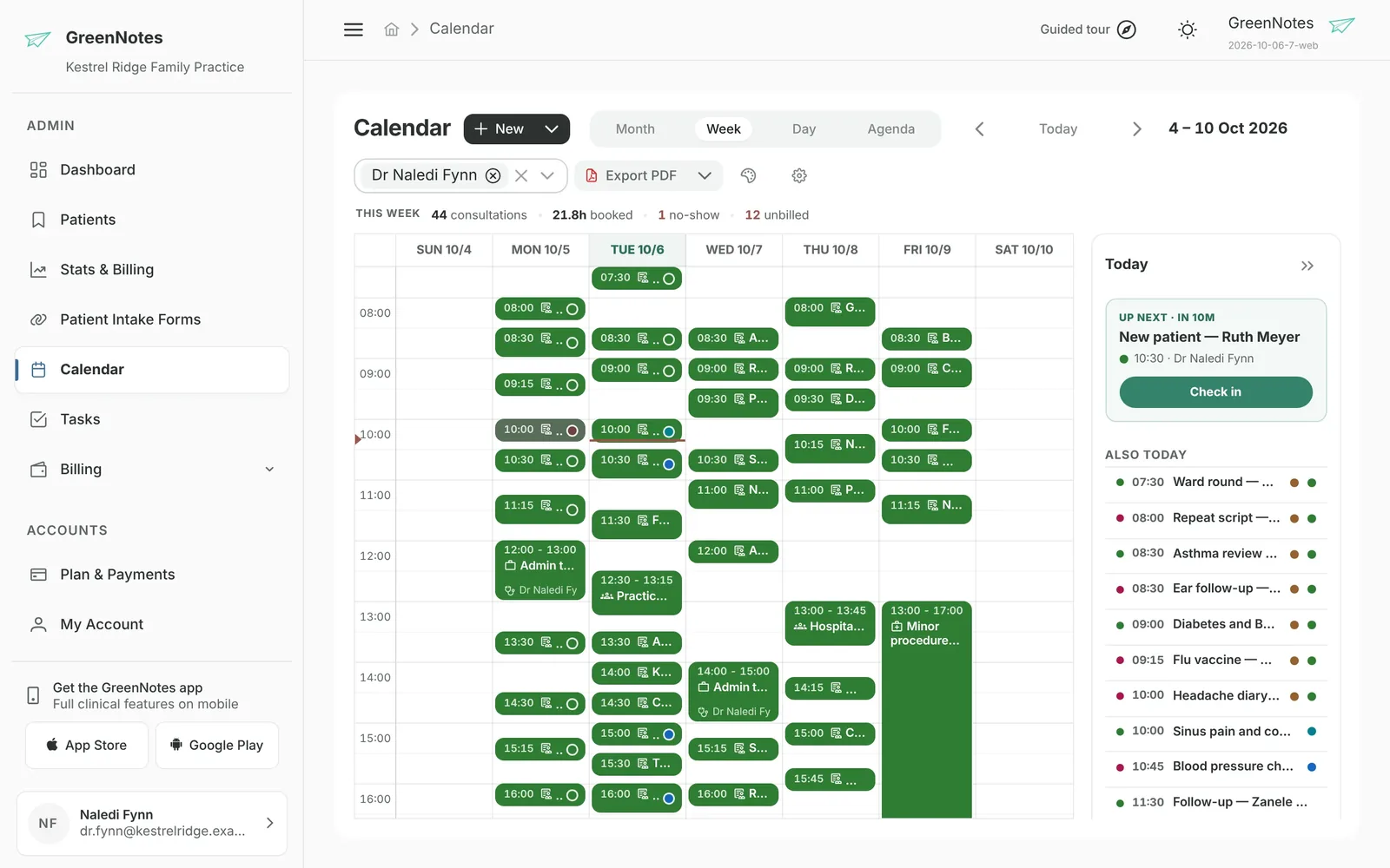 The practice calendar in week view, with the day’s appointments.