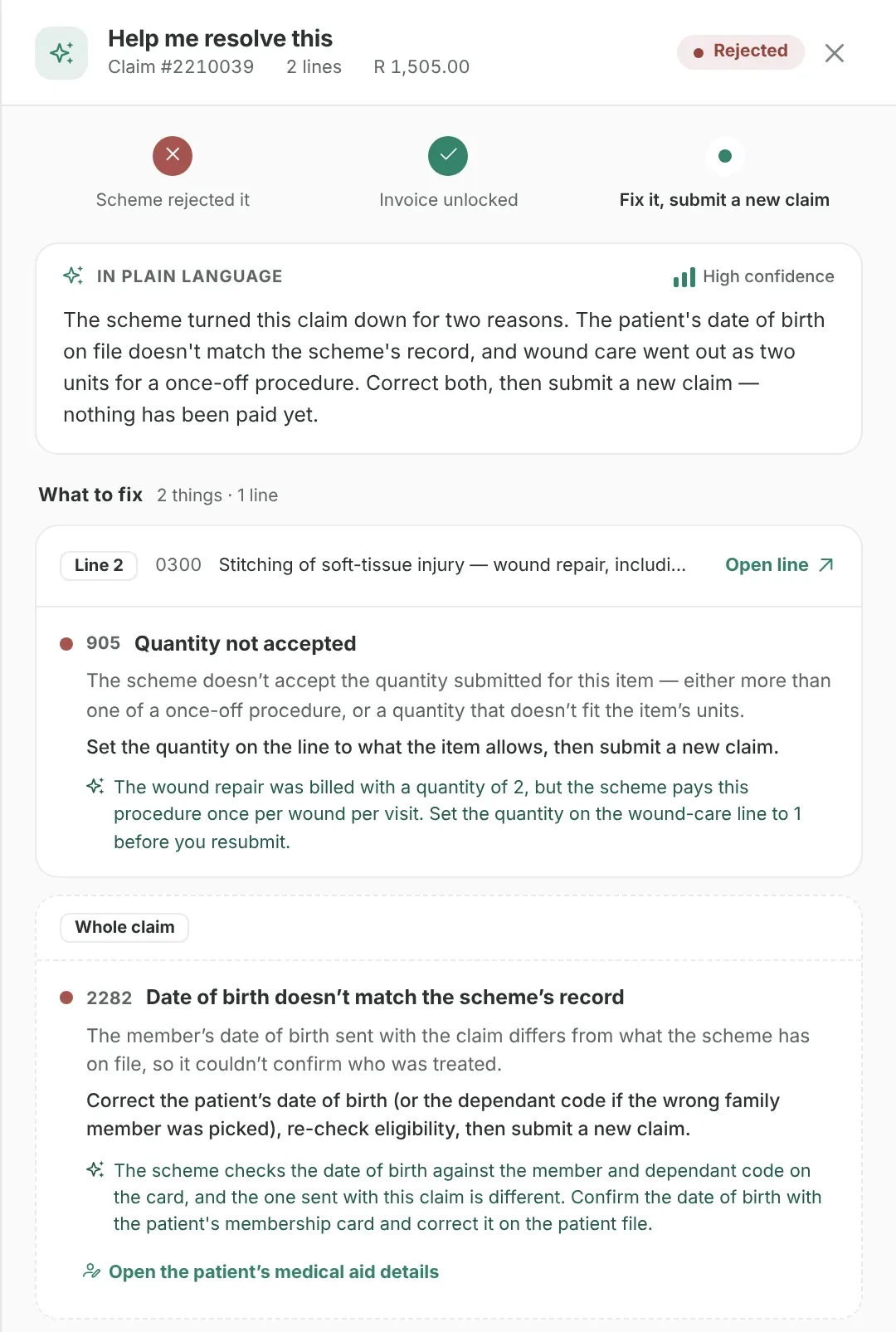 Help me resolve this on a rejected claim: the reason in plain language and what to fix on each line.