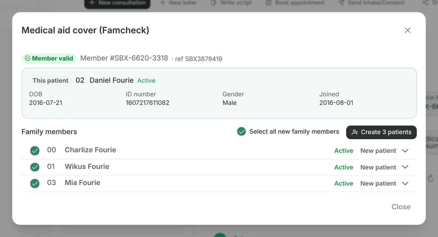 A FamCheck: the member is valid, and the rest of the family is ready to add as patients.