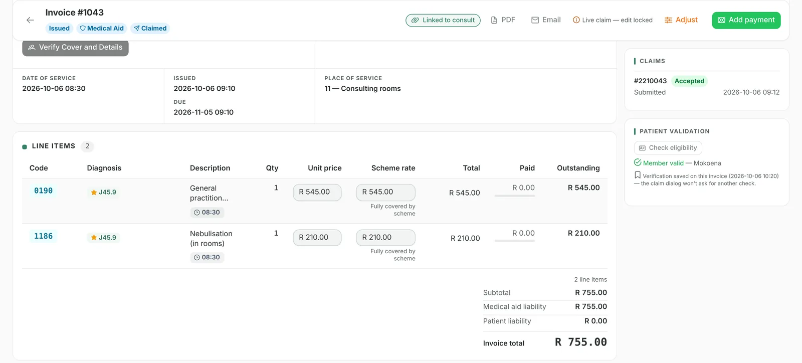 An issued medical-aid invoice with tariff codes, ICD-10 codes, scheme rates and totals.