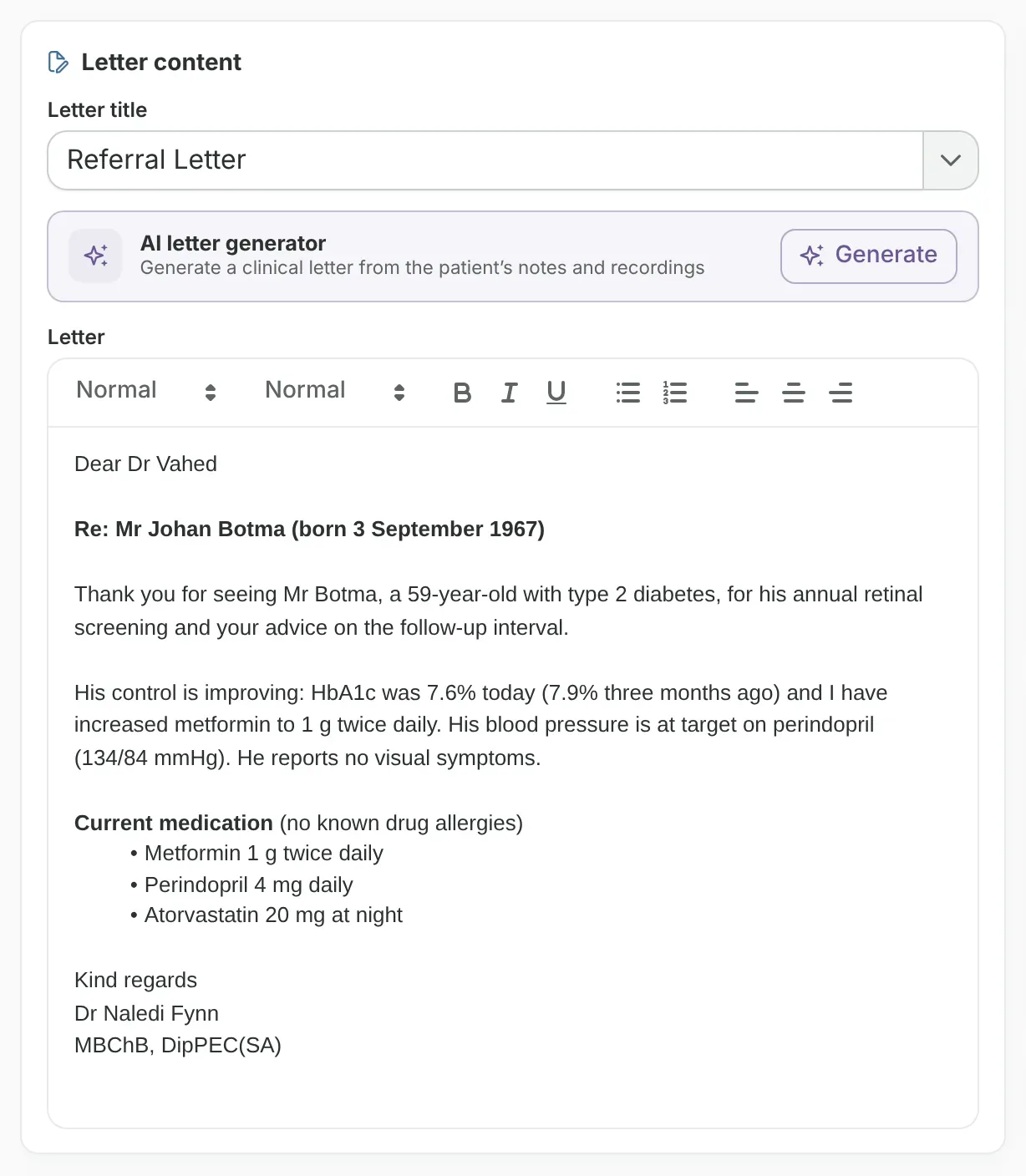 A referral letter in the GreenNotes letter editor, drafted by the AI letter generator