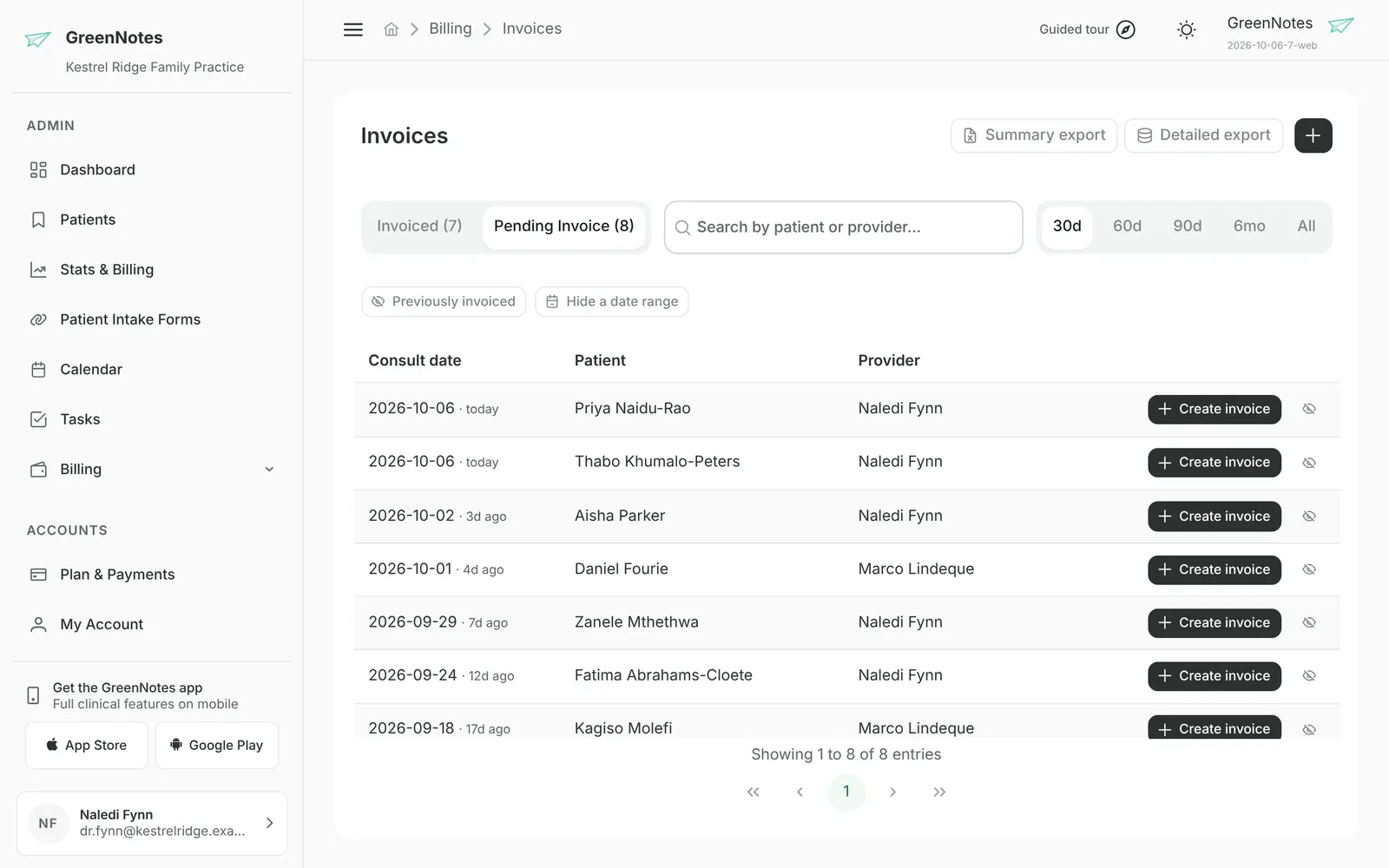 The Pending Invoice list in the web portal: finished consultations not yet billed, each with Create invoice.